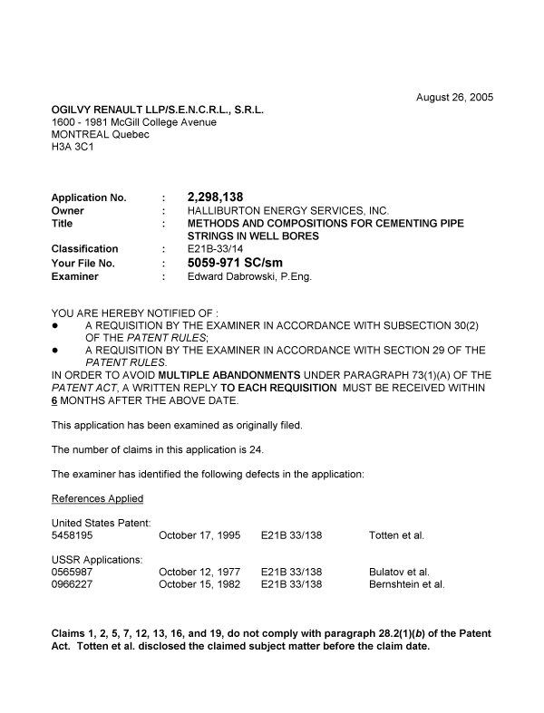 Canadian Patent Document 2298138. Prosecution-Amendment 20050826. Image 1 of 3