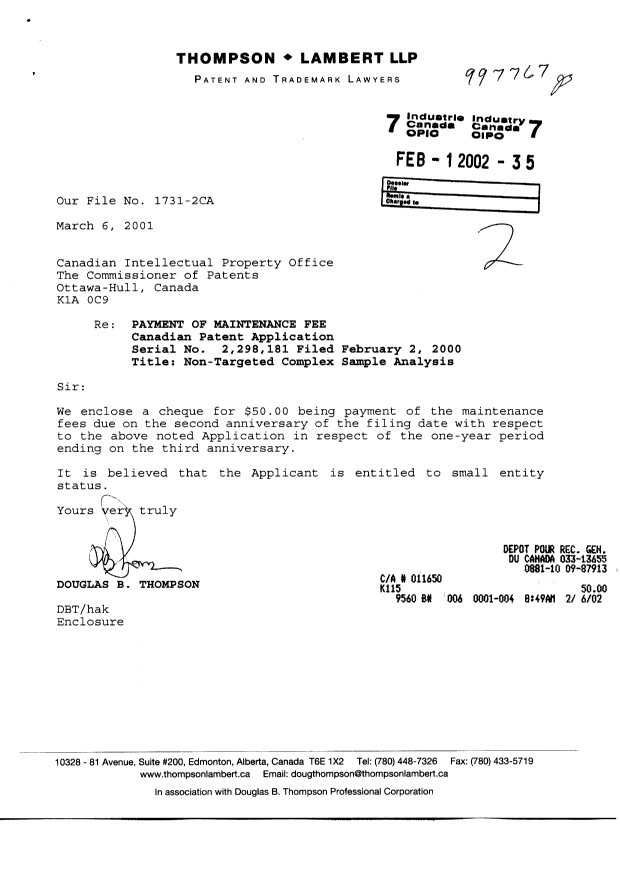 Document de brevet canadien 2298181. Taxes 20020201. Image 1 de 1