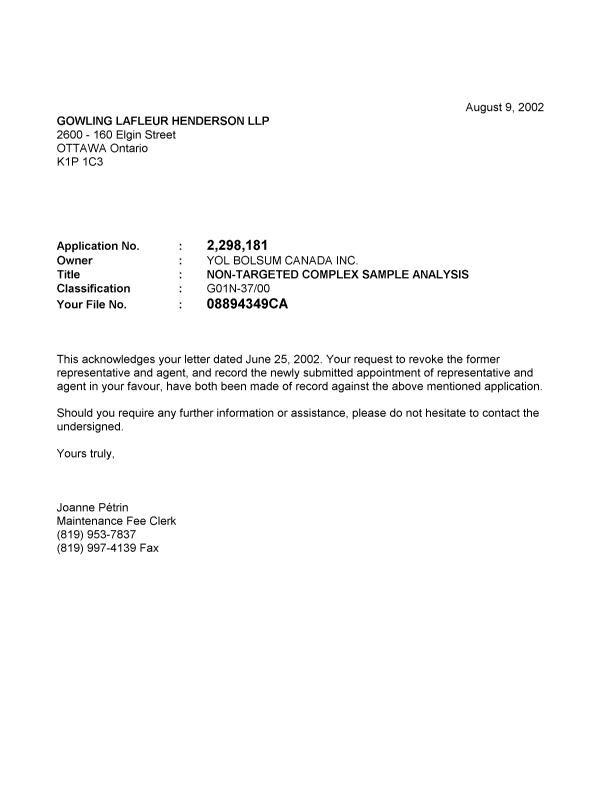 Canadian Patent Document 2298181. Correspondence 20020809. Image 1 of 1