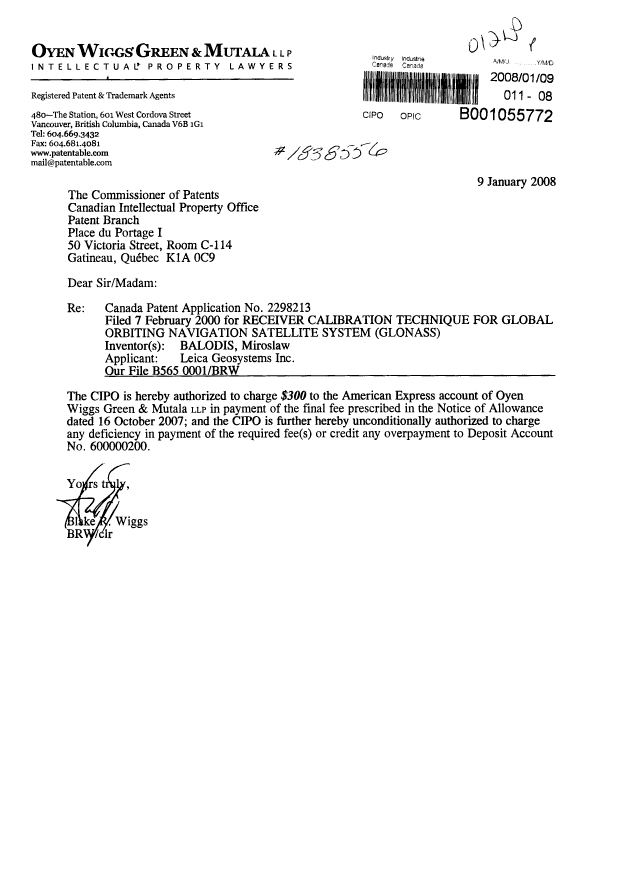 Canadian Patent Document 2298213. Correspondence 20080109. Image 1 of 1