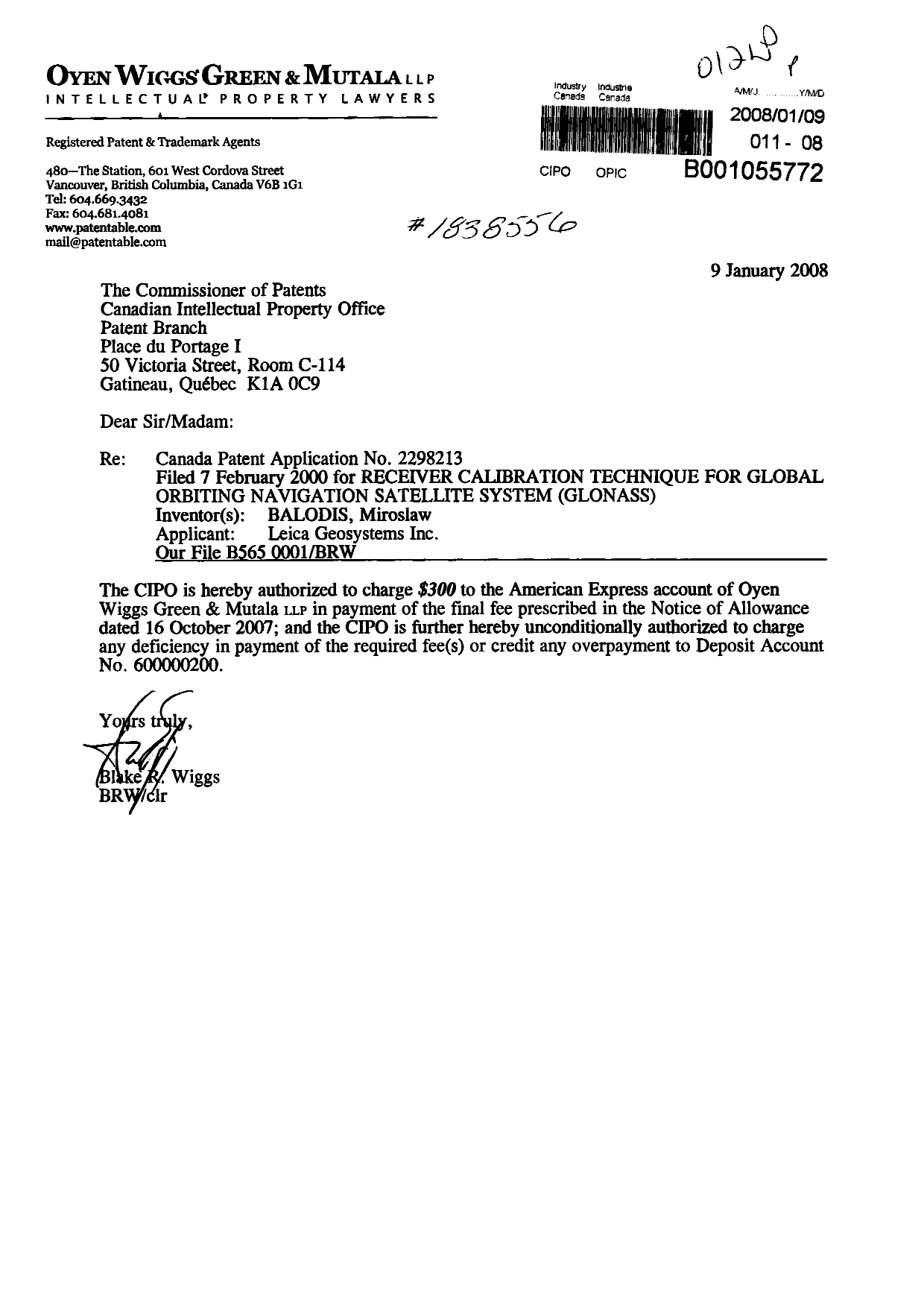 Canadian Patent Document 2298213. Correspondence 20080109. Image 1 of 1