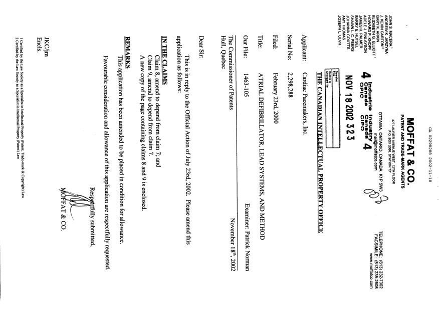 Canadian Patent Document 2298288. Prosecution-Amendment 20011218. Image 1 of 2