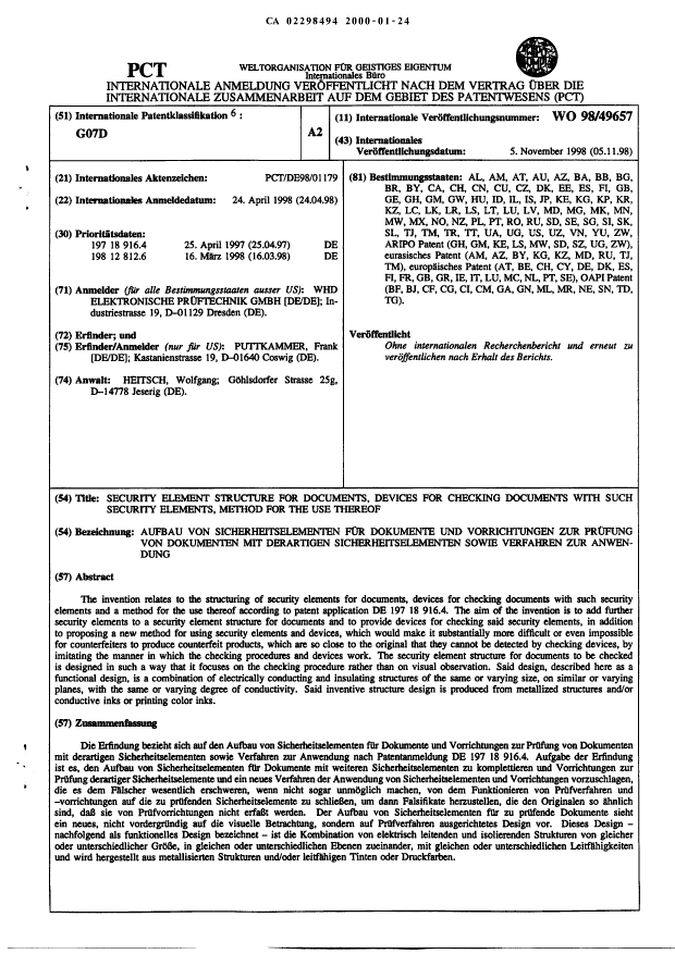 Document de brevet canadien 2298494. Abrégé 20000124. Image 1 de 1