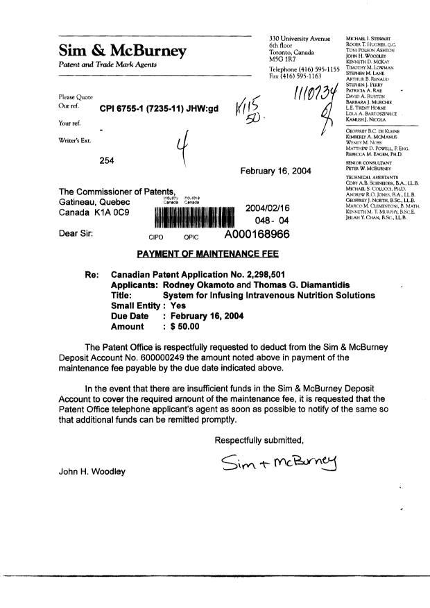 Document de brevet canadien 2298501. Taxes 20040216. Image 1 de 1
