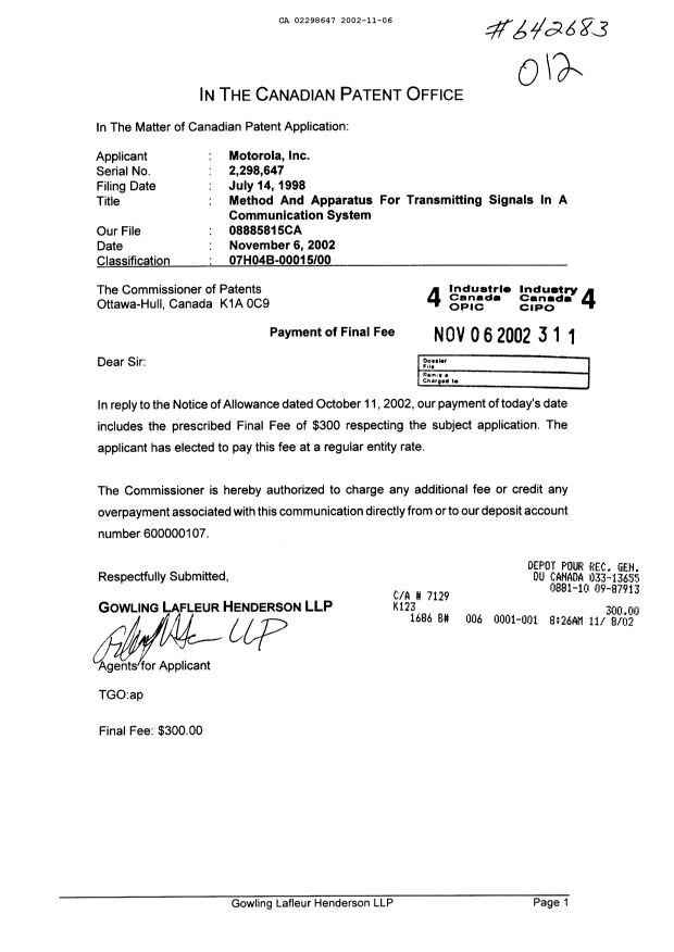 Canadian Patent Document 2298647. Correspondence 20021106. Image 1 of 1