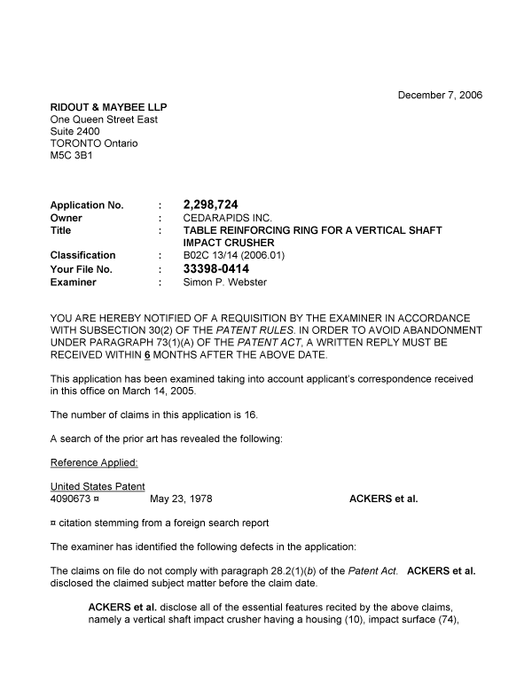 Document de brevet canadien 2298724. Poursuite-Amendment 20061207. Image 1 de 2