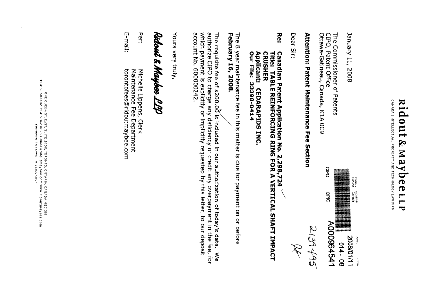Canadian Patent Document 2298724. Fees 20080111. Image 1 of 1