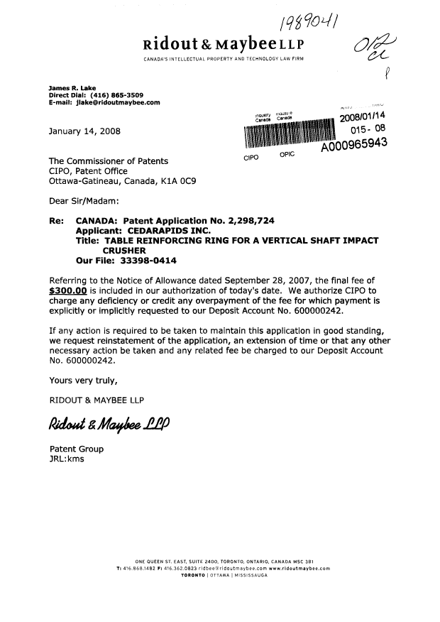 Canadian Patent Document 2298724. Correspondence 20080114. Image 1 of 1