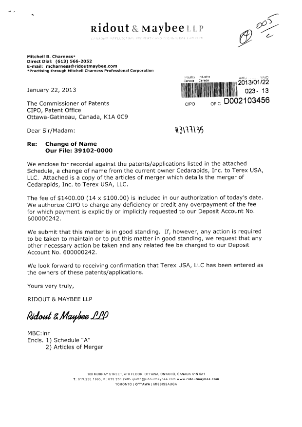 Canadian Patent Document 2298724. Assignment 20130122. Image 1 of 5