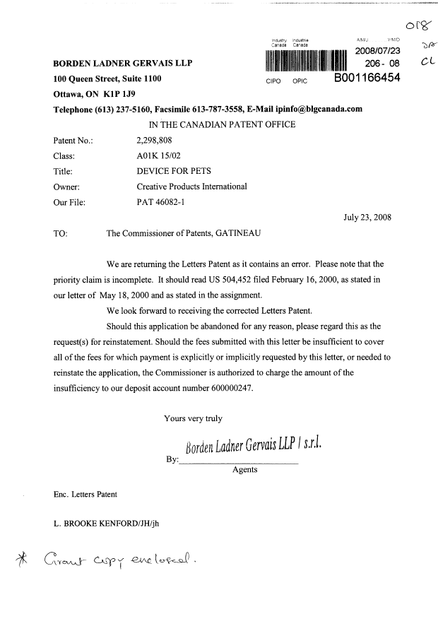 Document de brevet canadien 2298808. Correspondance 20080723. Image 1 de 4