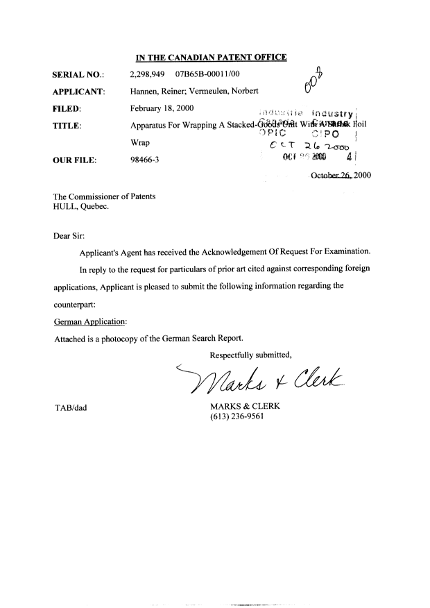 Canadian Patent Document 2298949. Prosecution-Amendment 20001026. Image 1 of 3