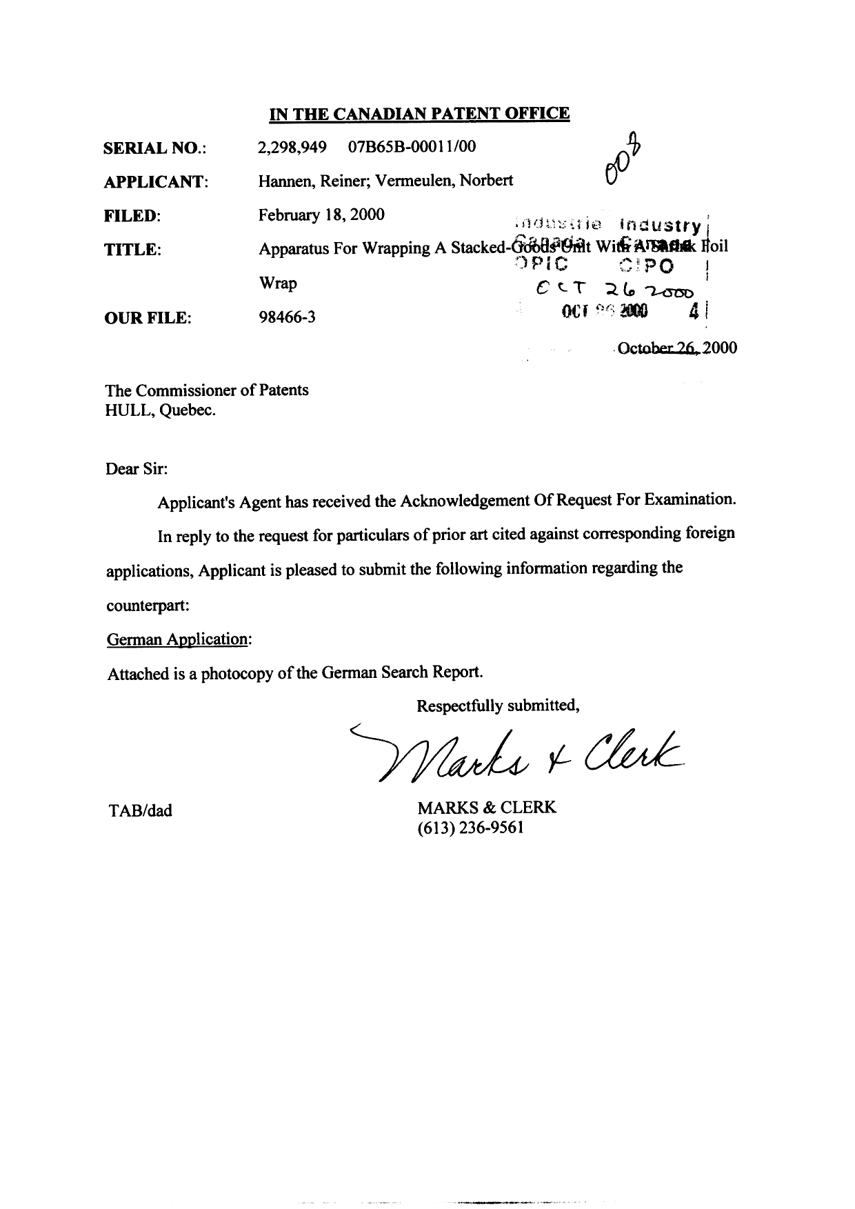 Canadian Patent Document 2298949. Prosecution-Amendment 20001026. Image 1 of 3