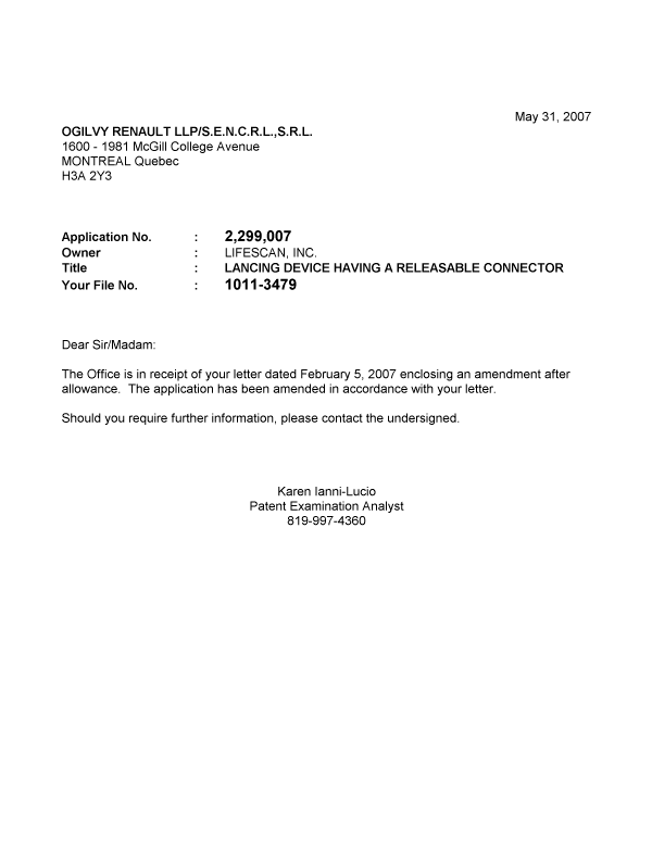 Canadian Patent Document 2299007. Prosecution-Amendment 20070531. Image 1 of 1