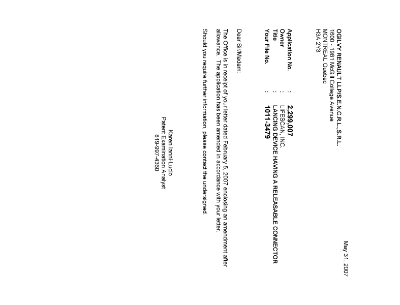 Canadian Patent Document 2299007. Prosecution-Amendment 20070531. Image 1 of 1