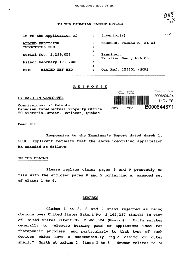 Canadian Patent Document 2299058. Prosecution-Amendment 20060424. Image 1 of 6