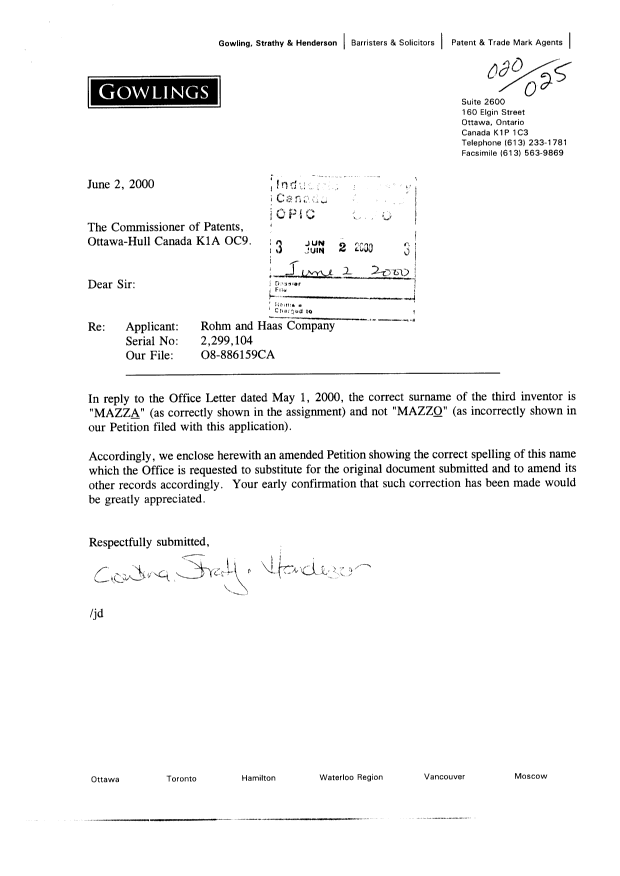 Canadian Patent Document 2299104. Correspondence 20000602. Image 1 of 2