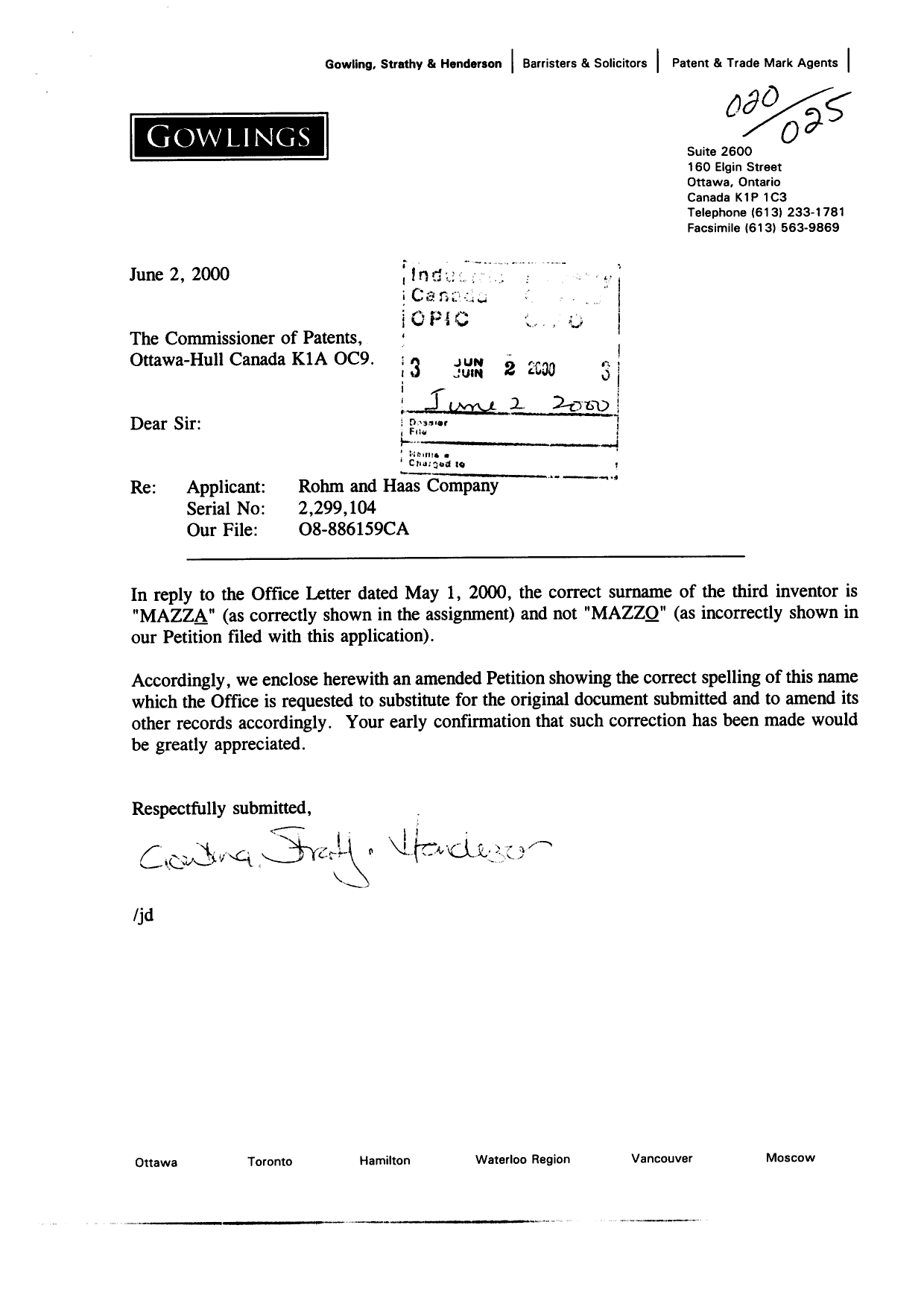 Canadian Patent Document 2299104. Correspondence 20000602. Image 1 of 2