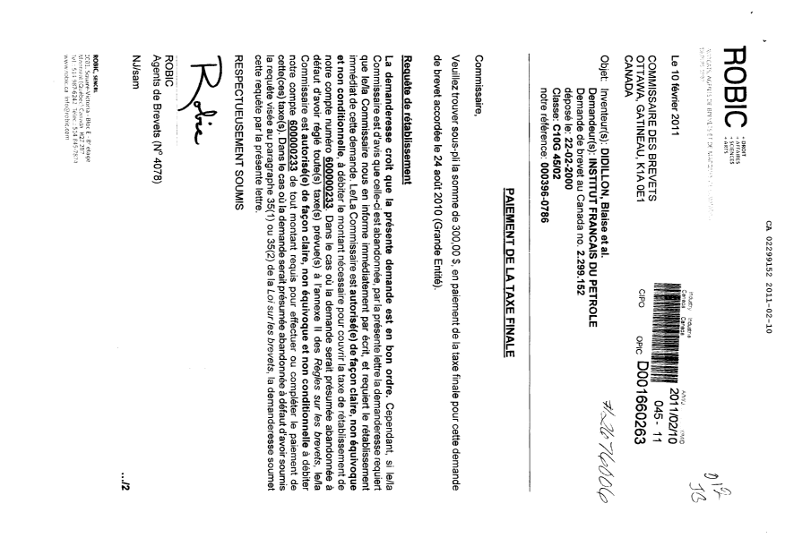 Document de brevet canadien 2299152. Correspondance 20110210. Image 1 de 2