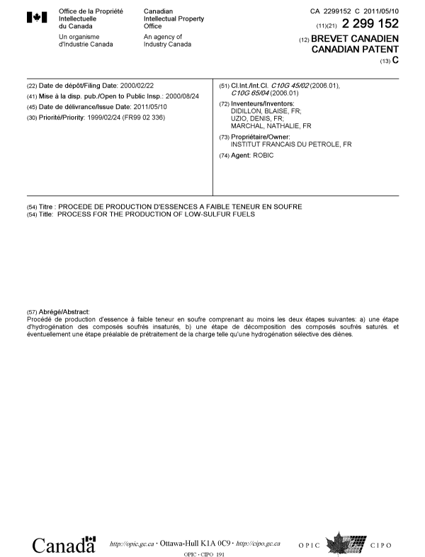 Canadian Patent Document 2299152. Cover Page 20110408. Image 1 of 1