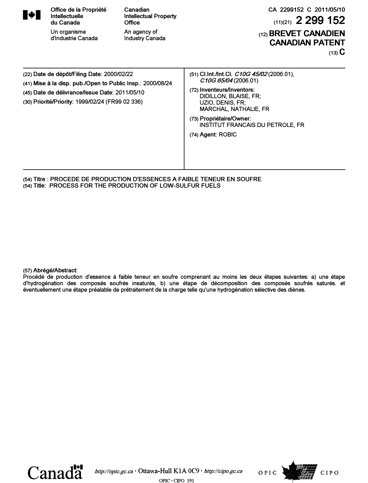 Canadian Patent Document 2299152. Cover Page 20110408. Image 1 of 1
