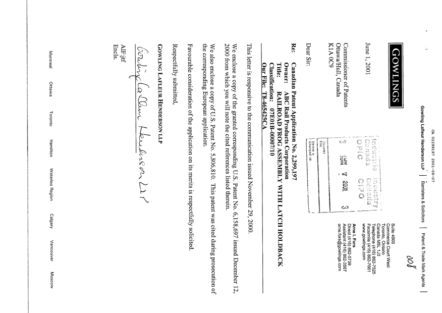 Canadian Patent Document 2299197. Prosecution-Amendment 20010607. Image 1 of 1