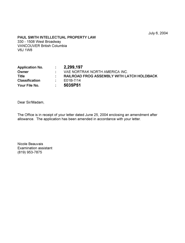 Canadian Patent Document 2299197. Prosecution-Amendment 20040625. Image 1 of 1