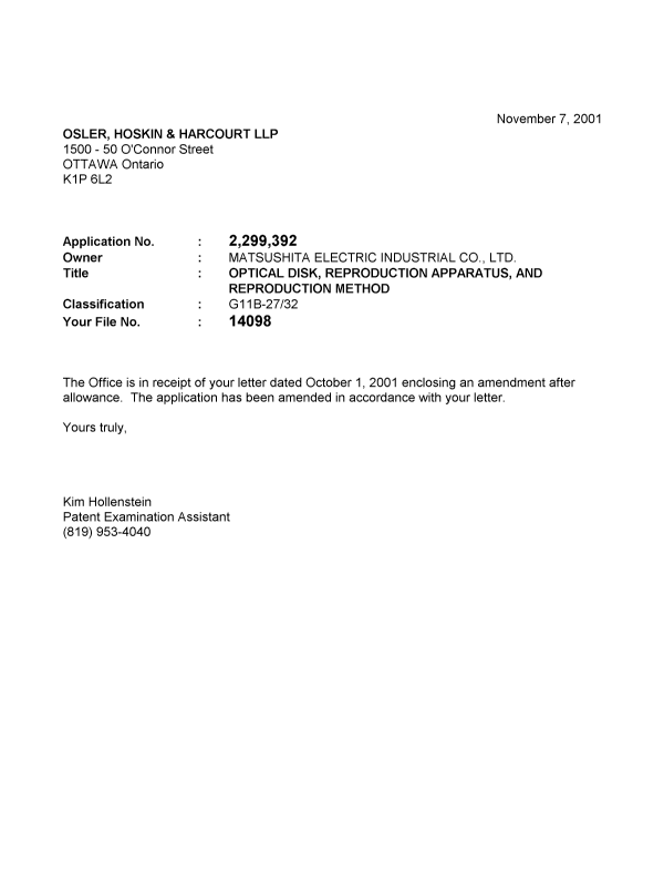 Canadian Patent Document 2299392. Correspondence 20011107. Image 1 of 1