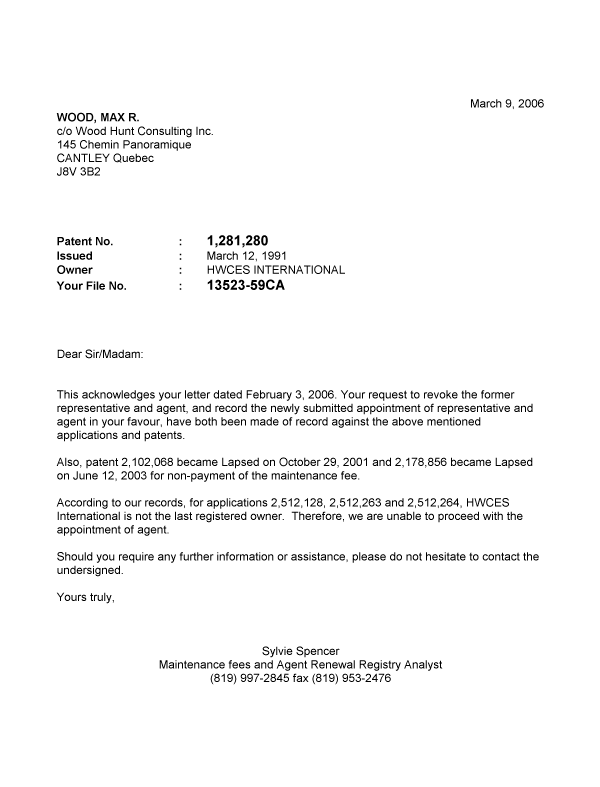 Document de brevet canadien 2299683. Correspondance 20060309. Image 1 de 1
