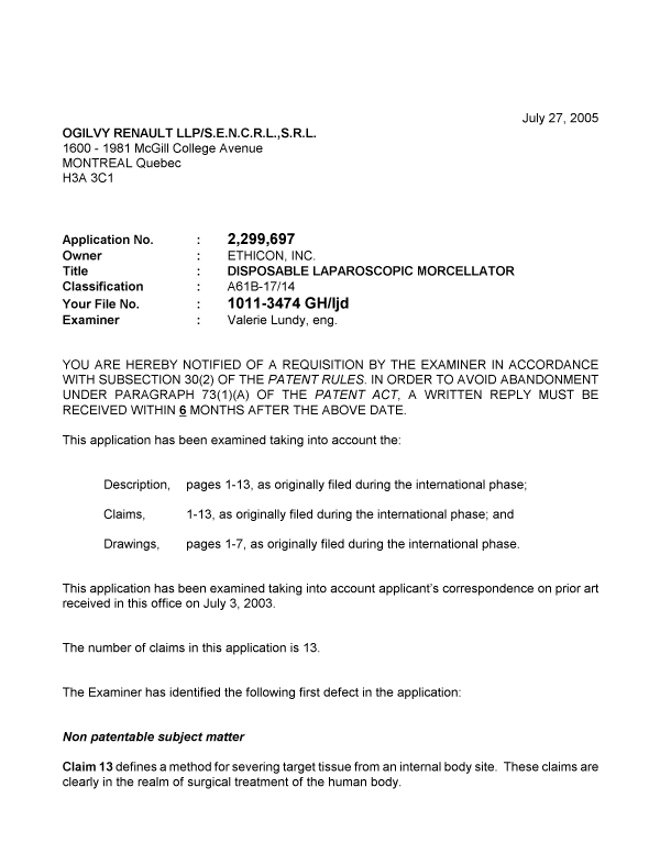 Canadian Patent Document 2299697. Prosecution-Amendment 20041227. Image 1 of 3