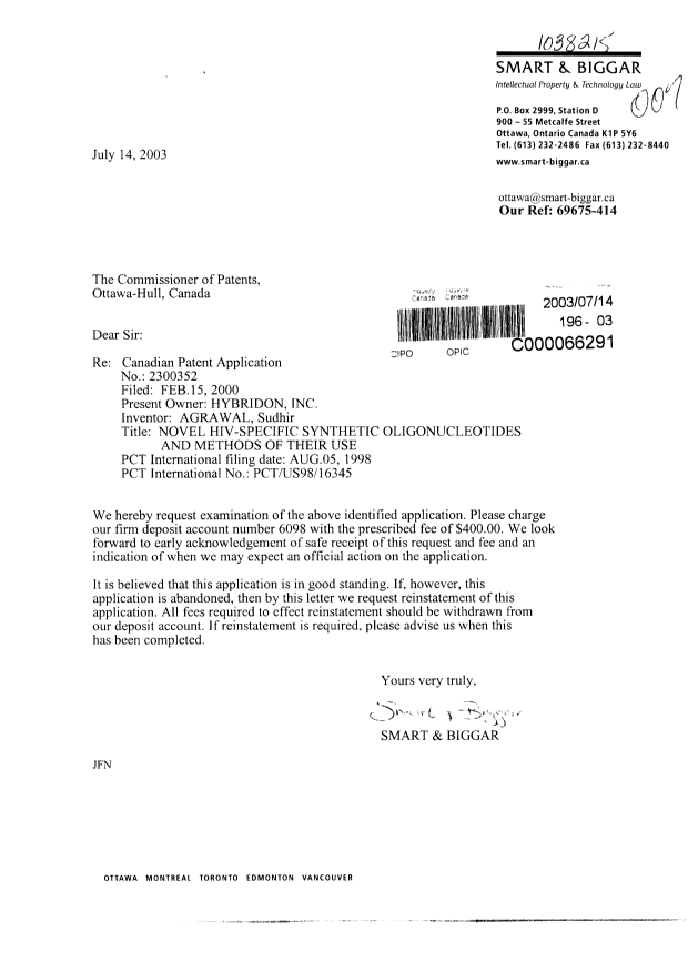 Document de brevet canadien 2300352. Poursuite-Amendment 20030714. Image 1 de 1