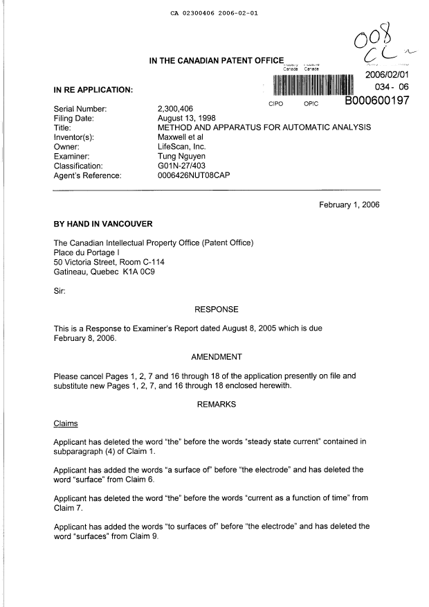 Canadian Patent Document 2300406. Prosecution-Amendment 20060201. Image 1 of 11