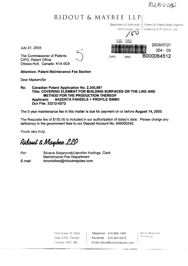 Document de brevet canadien 2300867. Taxes 20030721. Image 1 de 1