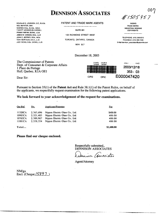 Canadian Patent Document 2300967. Prosecution-Amendment 20031218. Image 1 of 1