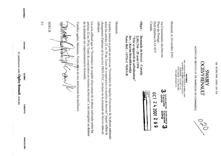 Canadian Patent Document 2301744. Correspondence 20011024. Image 1 of 3