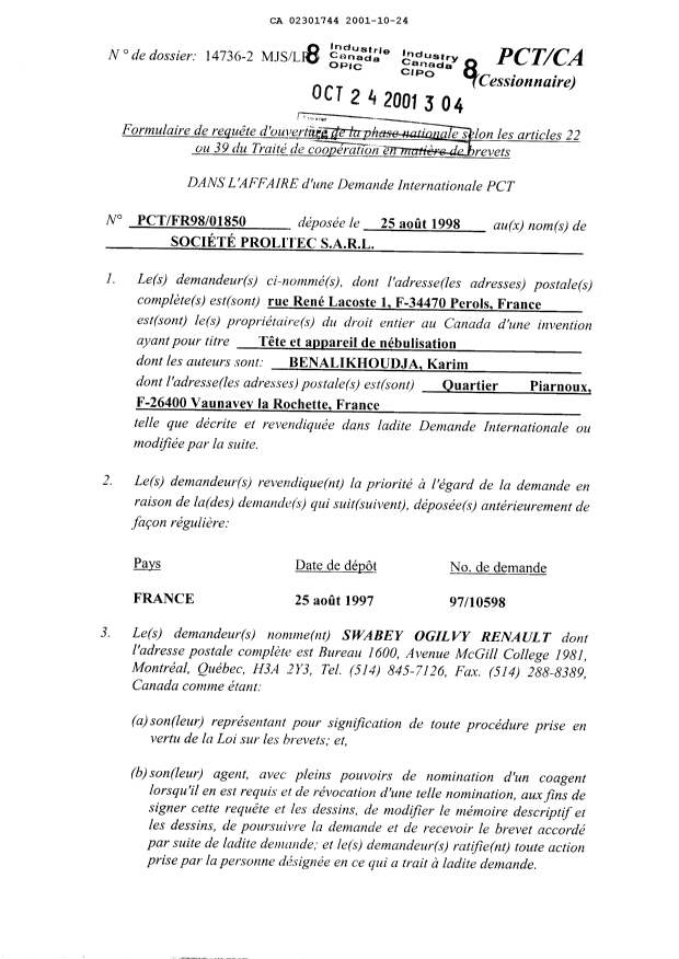 Canadian Patent Document 2301744. Correspondence 20011024. Image 2 of 3