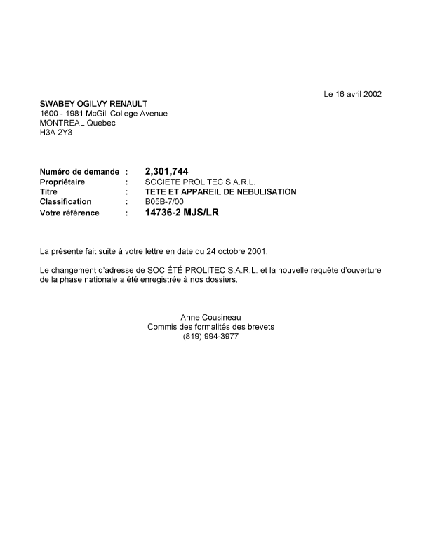Document de brevet canadien 2301744. Correspondance 20020411. Image 1 de 1