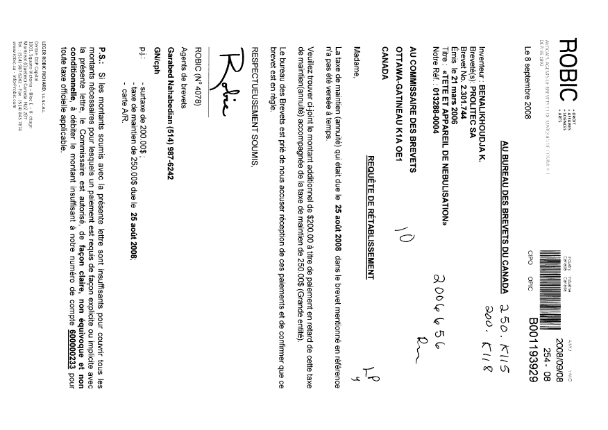 Canadian Patent Document 2301744. Fees 20080908. Image 1 of 1