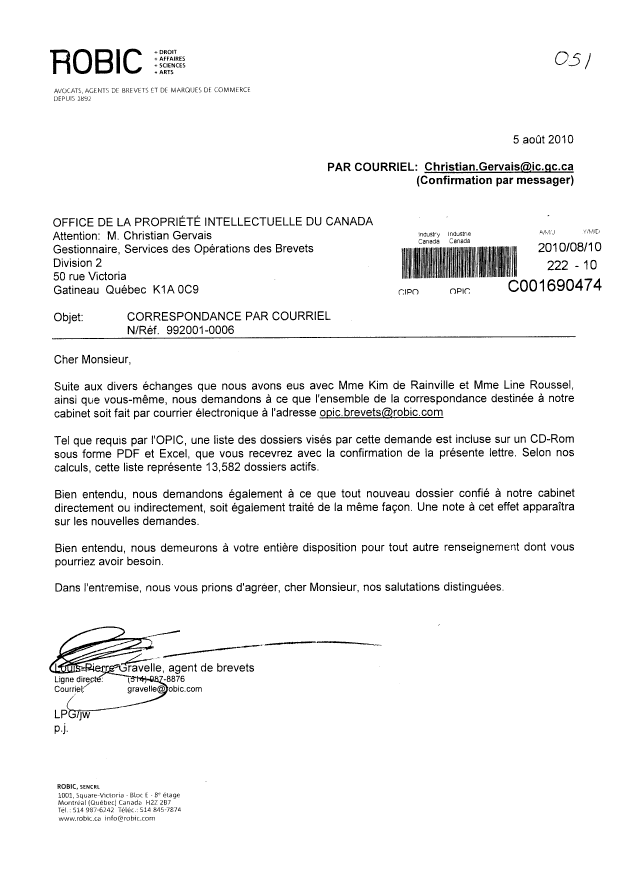 Document de brevet canadien 2301744. Correspondance 20100810. Image 1 de 1