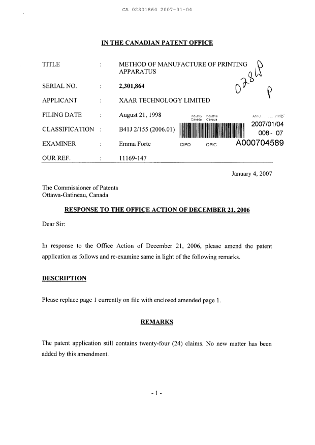 Document de brevet canadien 2301864. Correspondance 20070104. Image 1 de 3