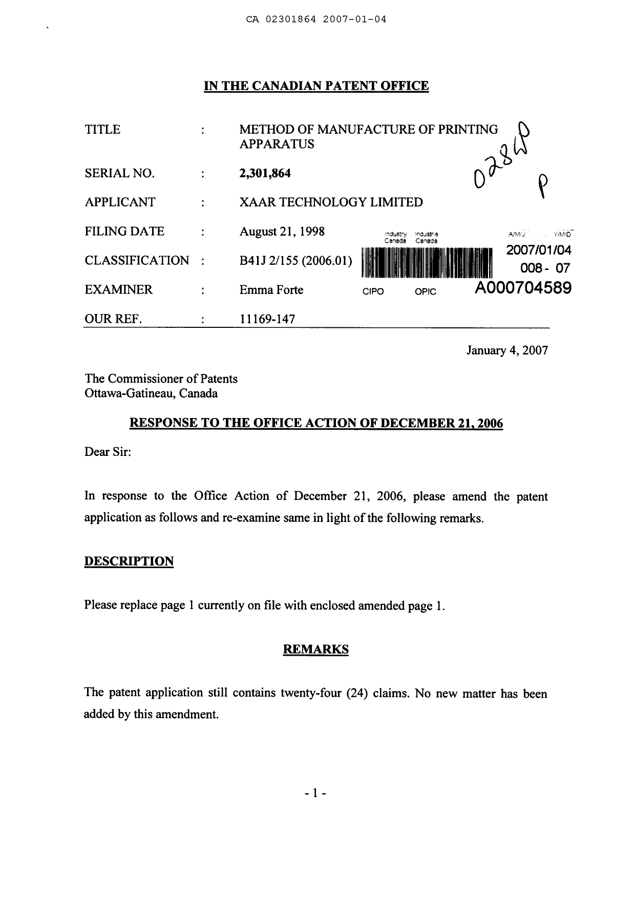 Canadian Patent Document 2301864. Correspondence 20070104. Image 1 of 3