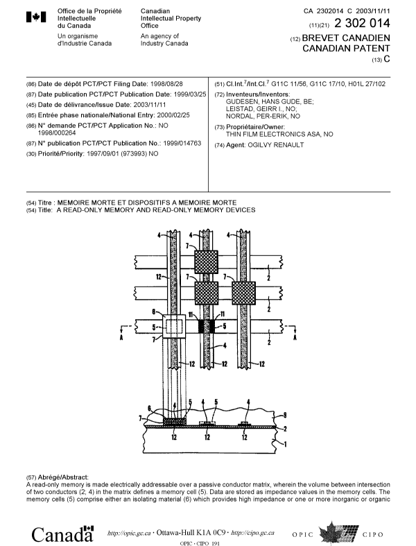 Document de brevet canadien 2302014. Page couverture 20031008. Image 1 de 2