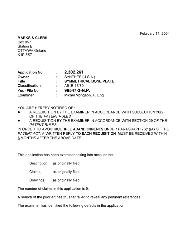Canadian Patent Document 2302261. Prosecution-Amendment 20031211. Image 1 of 2