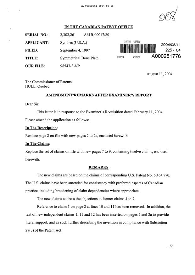 Canadian Patent Document 2302261. Prosecution-Amendment 20031211. Image 1 of 7