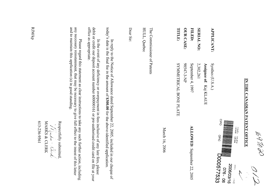 Canadian Patent Document 2302261. Correspondence 20051216. Image 1 of 1