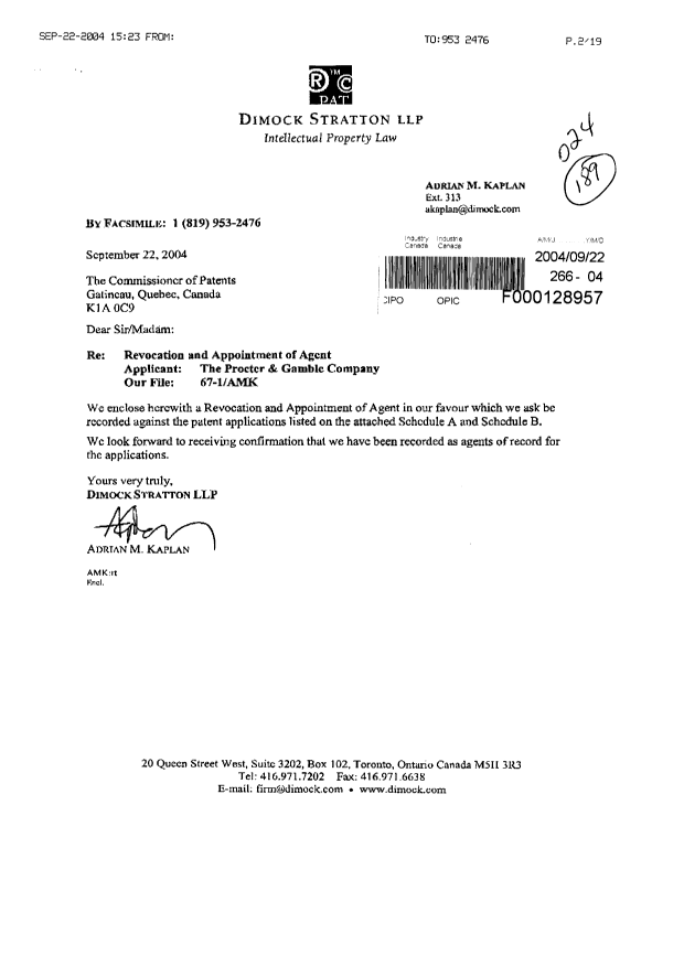 Document de brevet canadien 2302377. Correspondance 20040922. Image 1 de 19