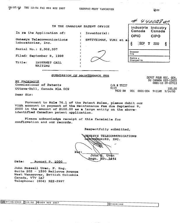 Canadian Patent Document 2302397. Fees 20000907. Image 1 of 1