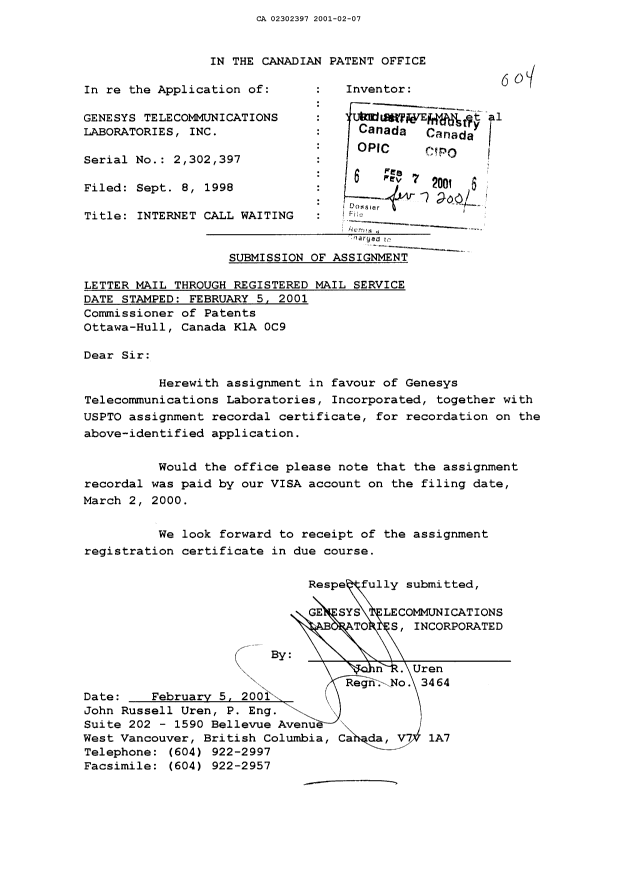 Document de brevet canadien 2302397. Cession 20010207. Image 1 de 7