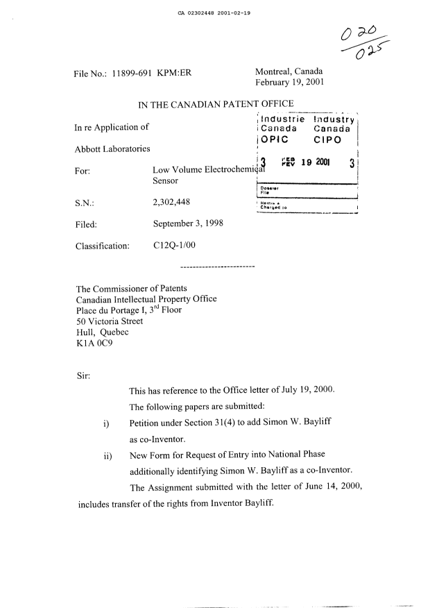 Canadian Patent Document 2302448. Assignment 20010219. Image 1 of 2