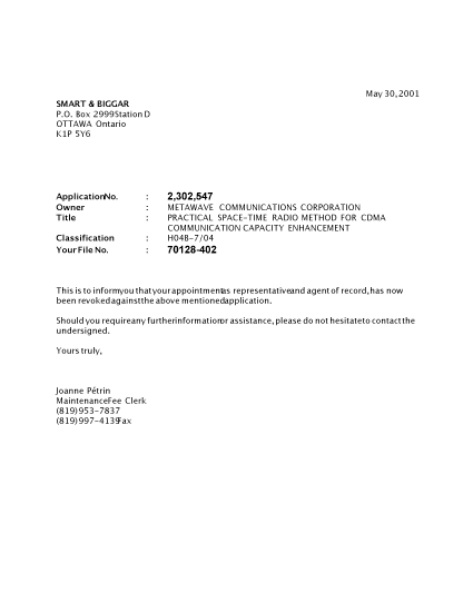 Canadian Patent Document 2302547. Correspondence 20010530. Image 1 of 1