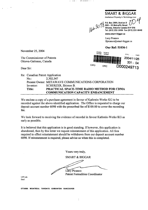 Document de brevet canadien 2302547. Cession 20041125. Image 1 de 13
